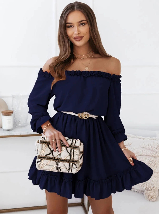 women's regular dress fashion off shoulder patchwork long sleeve solid color above knee daily