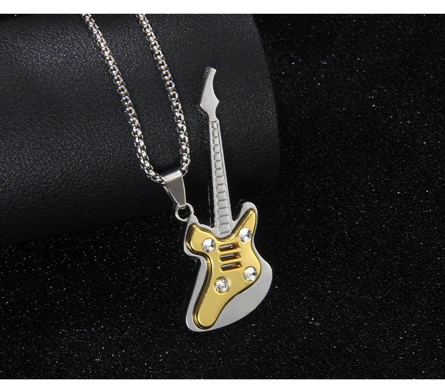 Rock Guitar 201 Stainless Steel Alloy Inlay Rhinestones Unisex Pendant Necklace