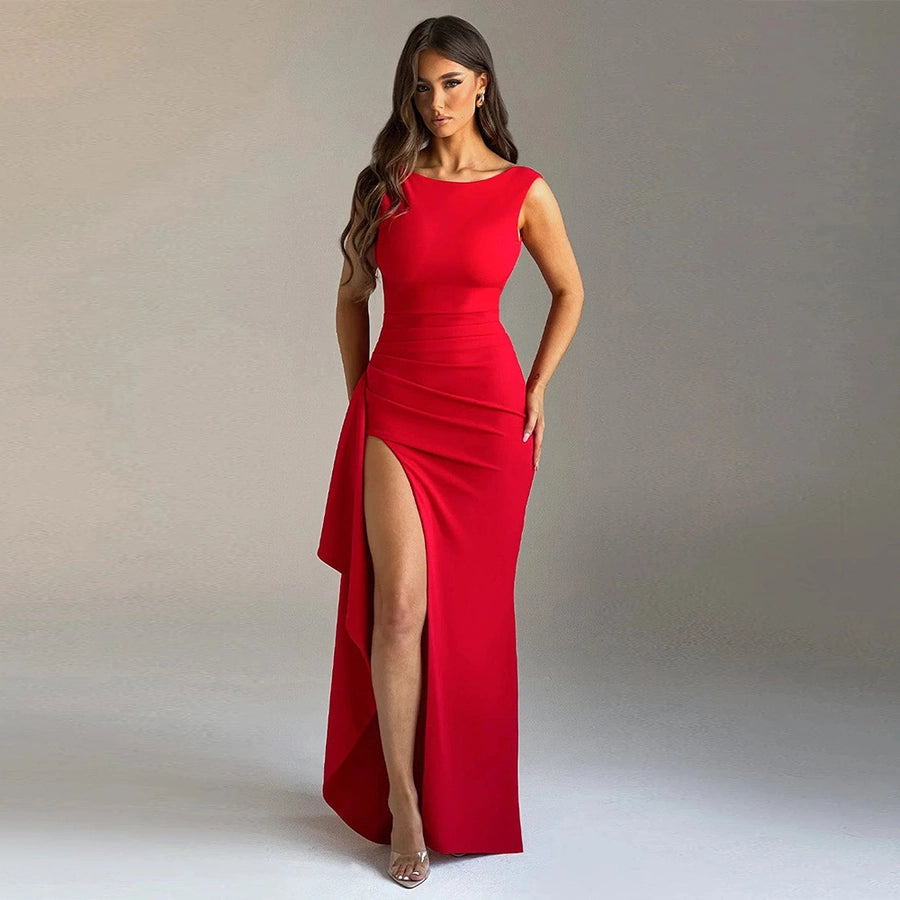 Women's Slit Dress Elegant Sexy Round Neck Backless Sleeveless Solid Color Maxi Long Dress Holiday Cocktail Party