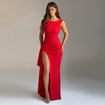 Women's Slit Dress Elegant Sexy Round Neck Backless Sleeveless Solid Color Maxi Long Dress Holiday Cocktail Party
