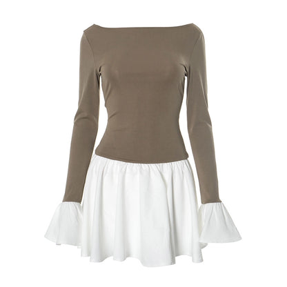 Women's Sheath Dress Streetwear Boat Neck Contrast Binding Long Sleeve Contrast Binding Above Knee Daily