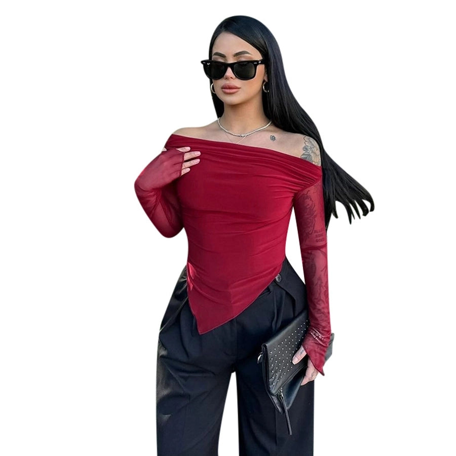 Women's T-shirt Long Sleeve Blouses Wine Red Elegant Solid Color