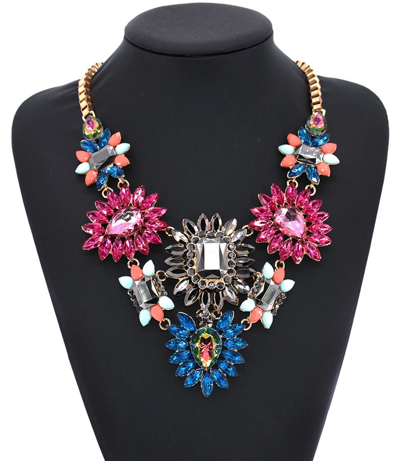 exaggerated shiny flower alloy plating inlay artificial crystal gem rhinestones women's long necklace necklace