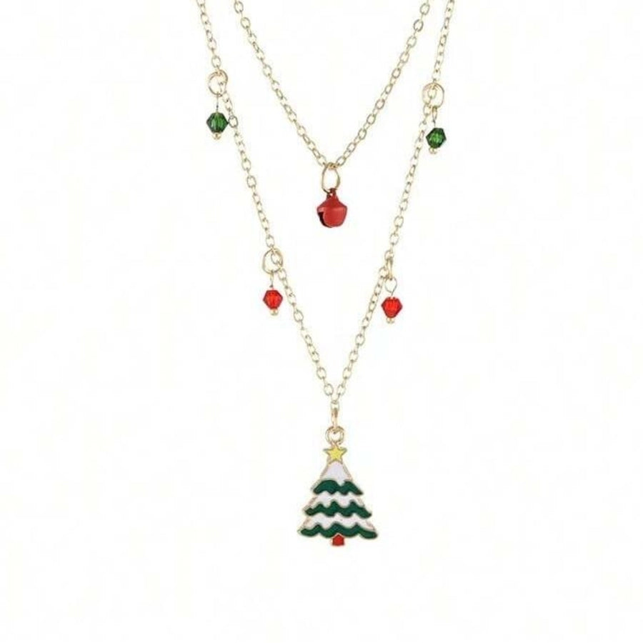 Jewelry Cute Christmas Tree Bell 316 Stainless Steel  Copper Enamel Double Layer Necklaces