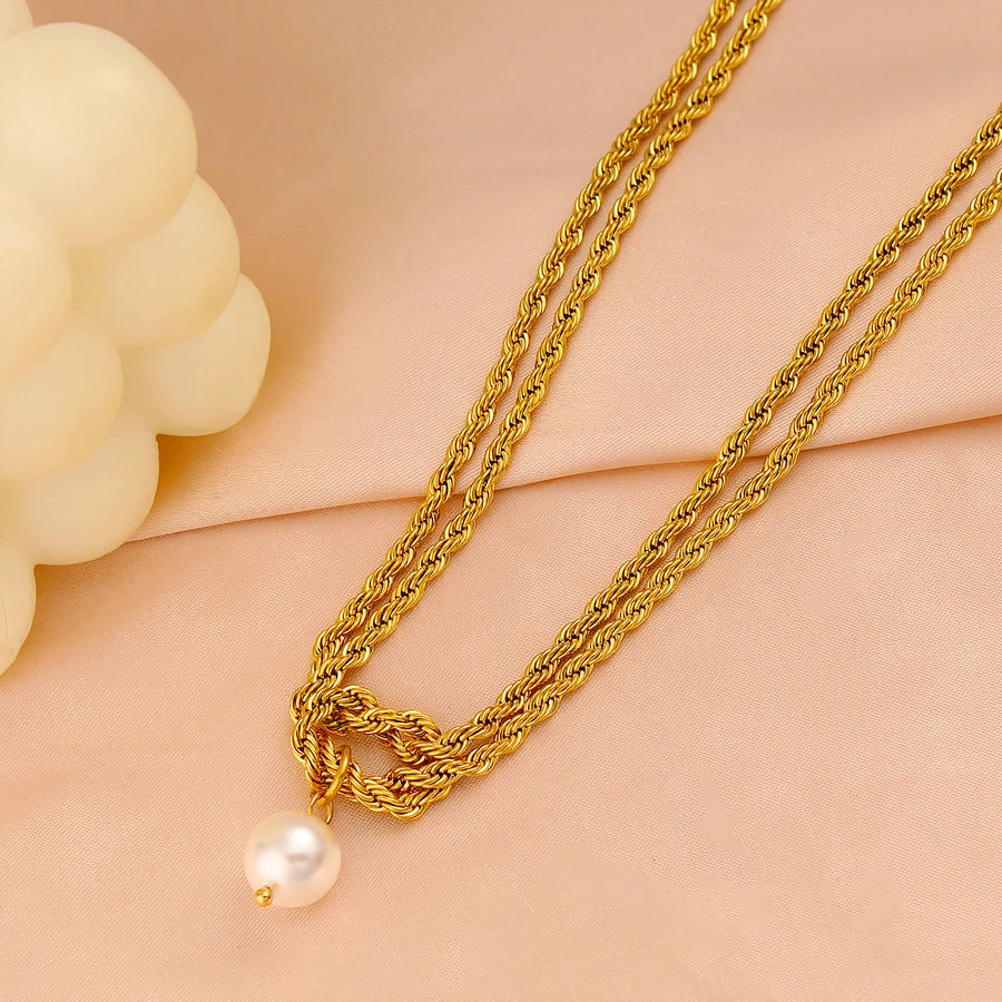 Jewelry Elegant Simple Style Twist 304 Stainless Steel Pearl 18K Gold Plated Plating Inlay Double Layer Necklaces
