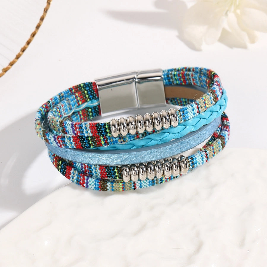 Ethnic Style Bohemian Tropical Colorful Rainbow Pu Leather Alloy Woven Chain Wrap Bracelets