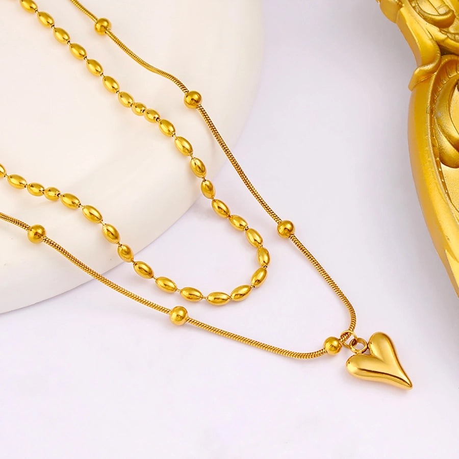 Jewelry Simple Style Heart Shape 304 Stainless Steel 18K Gold Plated Plating Double Layer Necklaces