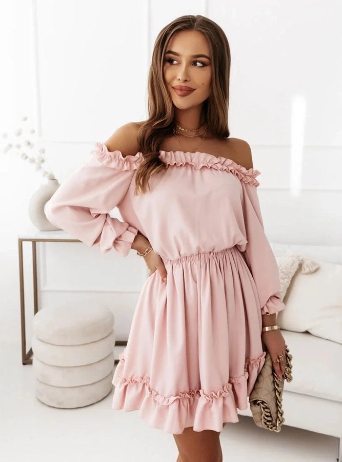 women's regular dress fashion off shoulder patchwork long sleeve solid color above knee daily