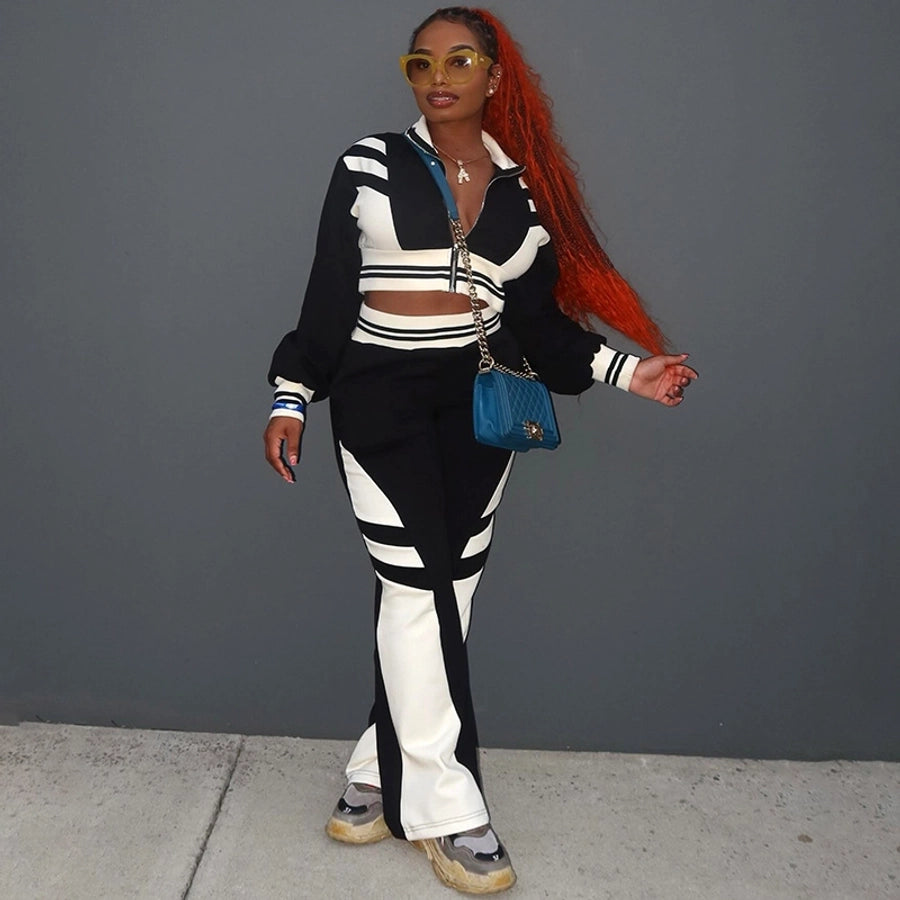 Daily Women's Streetwear Color Block Spandex Polyester Twilled Satin Pants Sets Pants Sets