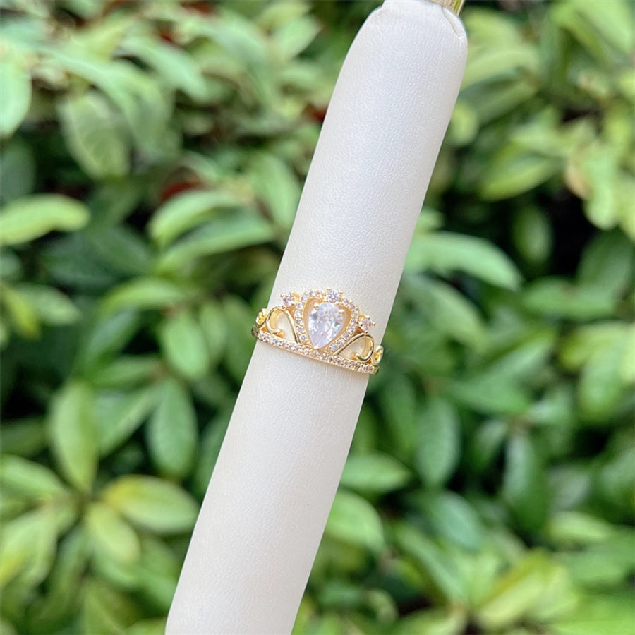 Copper 18K Gold Plated Heart Shape Crown Zircon Open Rings