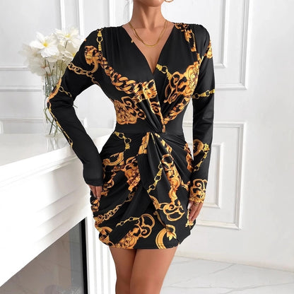 Women's Sheath Dress Vintage Style V Neck Zipper Long Sleeve chain Above Knee Travel