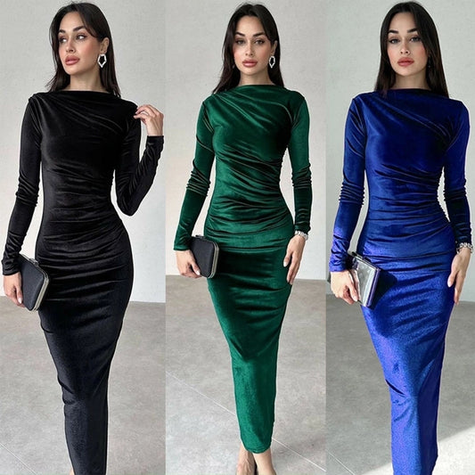 Women's Sheath Dress Casual Boat Neck Long Sleeve Solid Color Maxi Long Dress Daily
