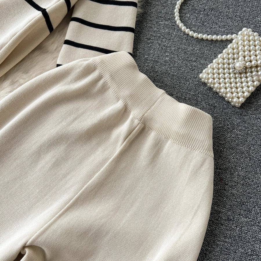 school outdoor daily women's simple style stripe simple spandex polyester knit elastic waist pants sets pants sets