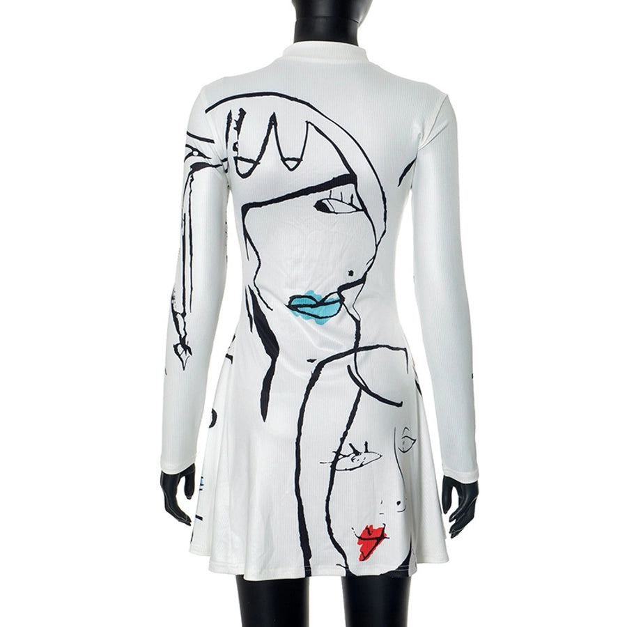 Women's A- Line Skirt Streetwear Round Neck Long Sleeve Portrait Lines Above Knee Daily