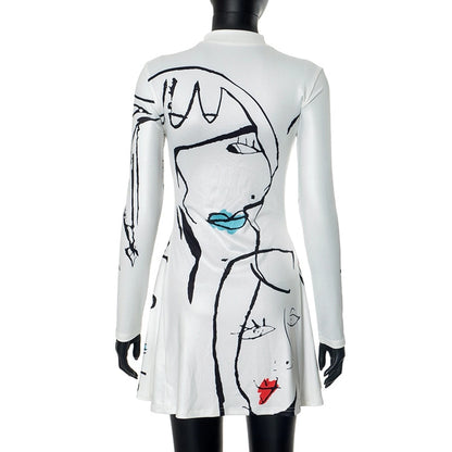 Women's A- Line Skirt Streetwear Round Neck Long Sleeve Portrait Lines Above Knee Daily