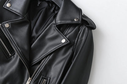Women's Preppy Style Solid Color Zipper Leather Jacket Casual Jacket