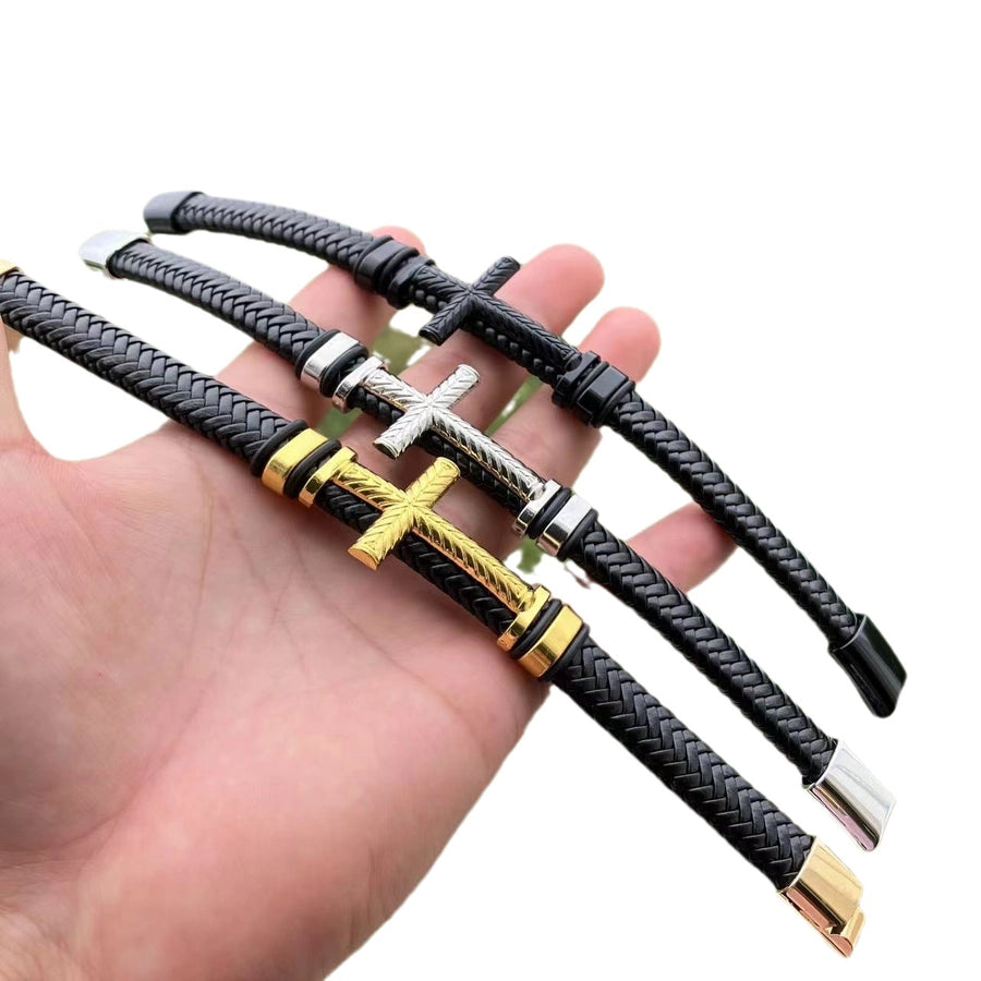 Streetwear Cross Pu Leather Woven Chain Wrap Bracelets