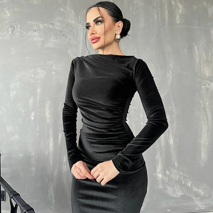 Women's Sheath Dress Casual Boat Neck Long Sleeve Solid Color Maxi Long Dress Daily