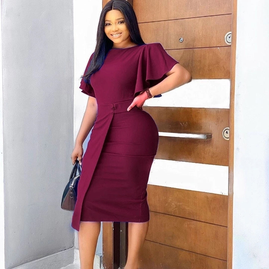 women's pencil skirt elegant round neck button short sleeve solid color knee-length holiday