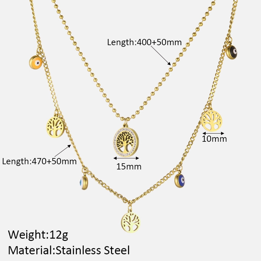 Jewelry Elegant Life Tree Eye 304 Stainless Steel Rhinestones Inlay Double Layer Necklaces