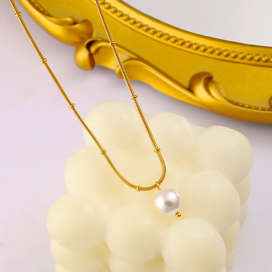 Jewelry IG Style Simple Style Round 304 Stainless Steel Pearl 18K Gold Plated Plating Inlay Pendant Necklace