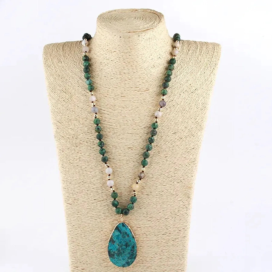 Retro Water Droplets Semi-precious stone natural stone Glass Beaded Chain Pendant Necklace In Bulk Natural stone necklace