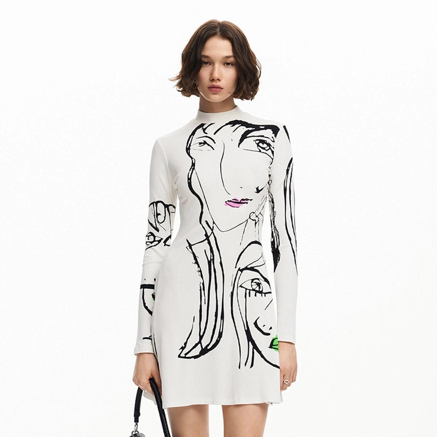 Women's A- Line Skirt Streetwear Round Neck Long Sleeve Portrait Lines Above Knee Daily