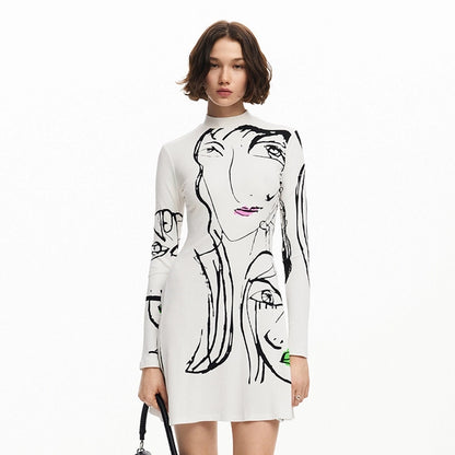 Women's A- Line Skirt Streetwear Round Neck Long Sleeve Portrait Lines Above Knee Daily