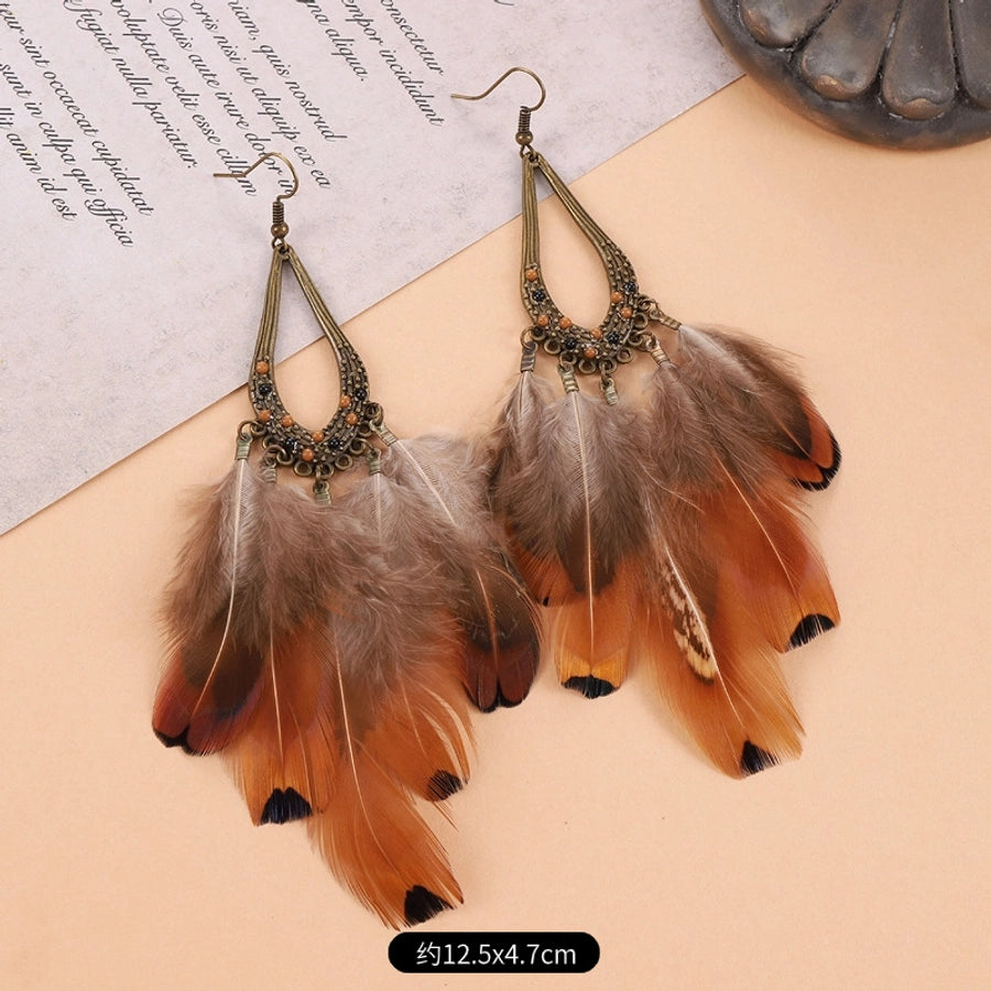 1 Pair Vintage Style Geometric Tassel Alloy Feather Drop Earrings