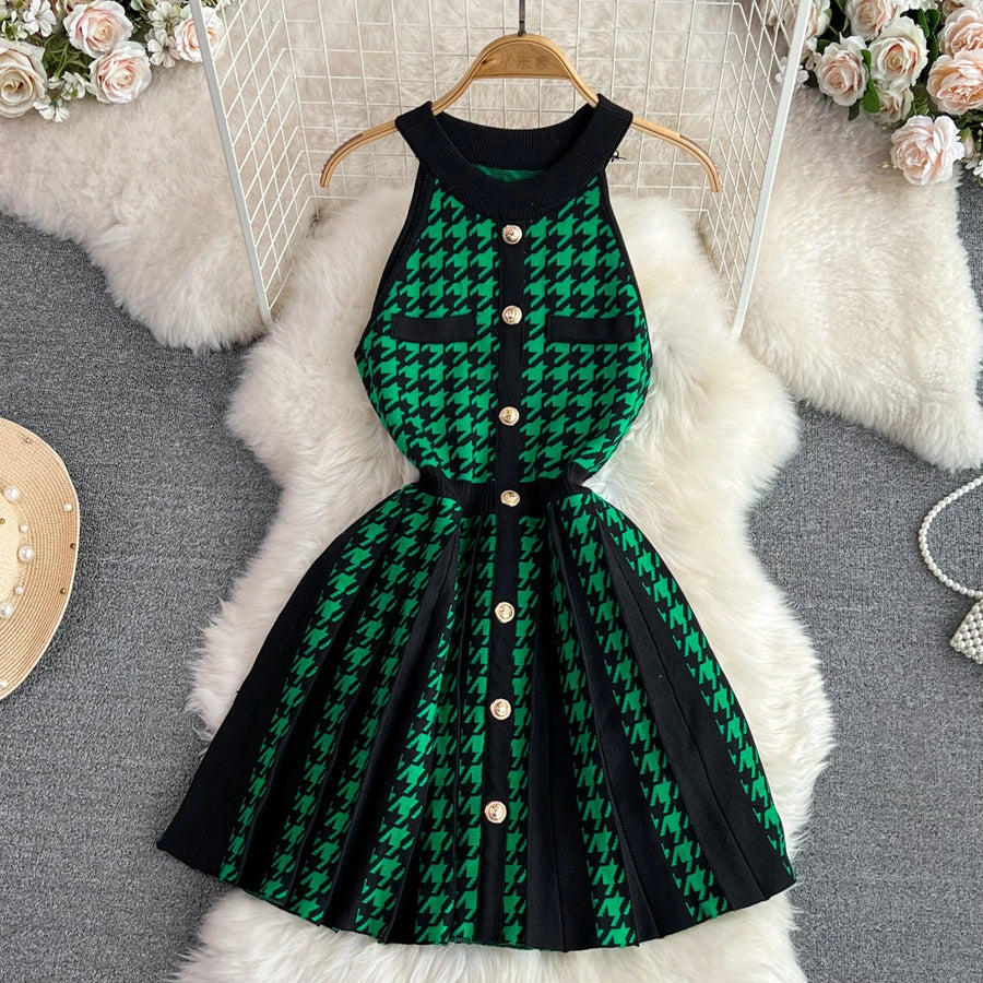 Women's Sheath Dress Elegant Round Neck Button Sleeveless Houndstooth Above Knee Daily