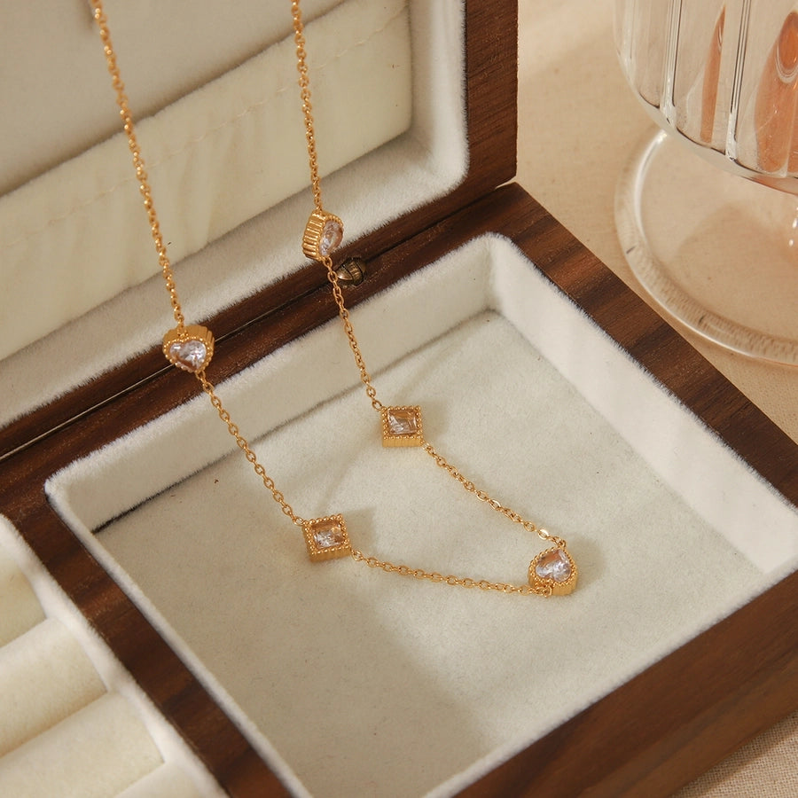 Jewelry Simple Style Commute Geometric Heart Shape Solid Color 304 Stainless Steel Zircon 18K Gold Plated Inlay Jewelry Set