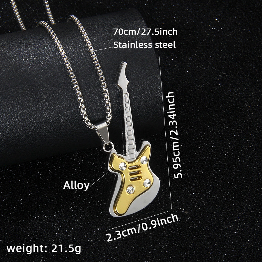 Rock Guitar 201 Stainless Steel Alloy Inlay Rhinestones Unisex Pendant Necklace