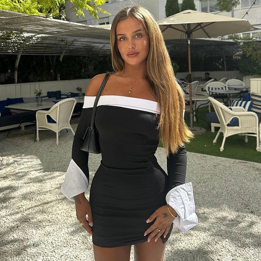 Women's Sheath Dress Streetwear Strapless Contrast Binding Long Sleeve Contrast Binding Above Knee Holiday