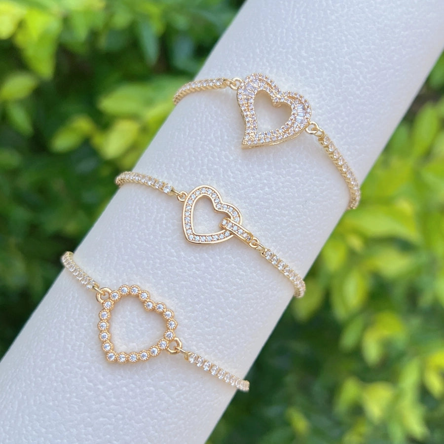Copper Tennis Chain 18K Gold Plated Plating Inlay Heart Shape Zircon Bracelets