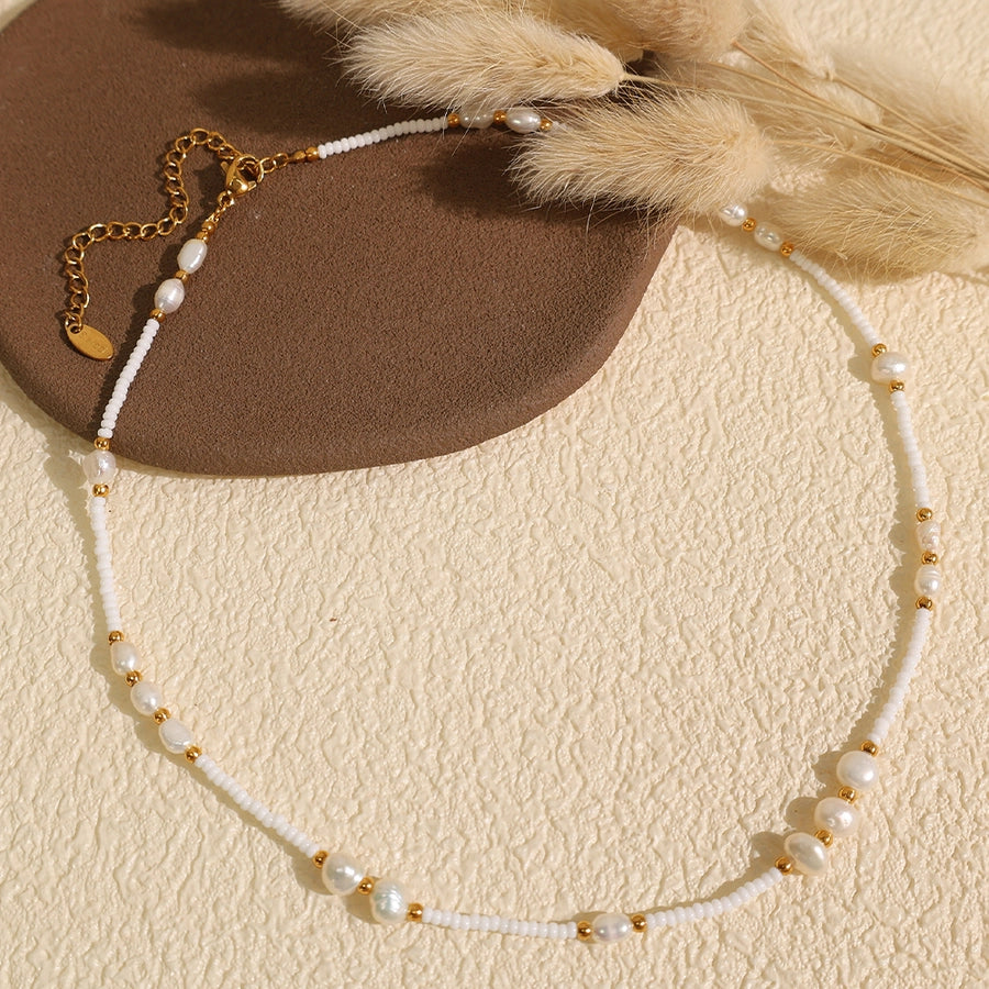 Jewelry Vintage Style Luxurious French Style Round Titanium Steel Freshwater Pearl Glass Stone 18K Gold Plated Beaded Polishing Plating Necklace