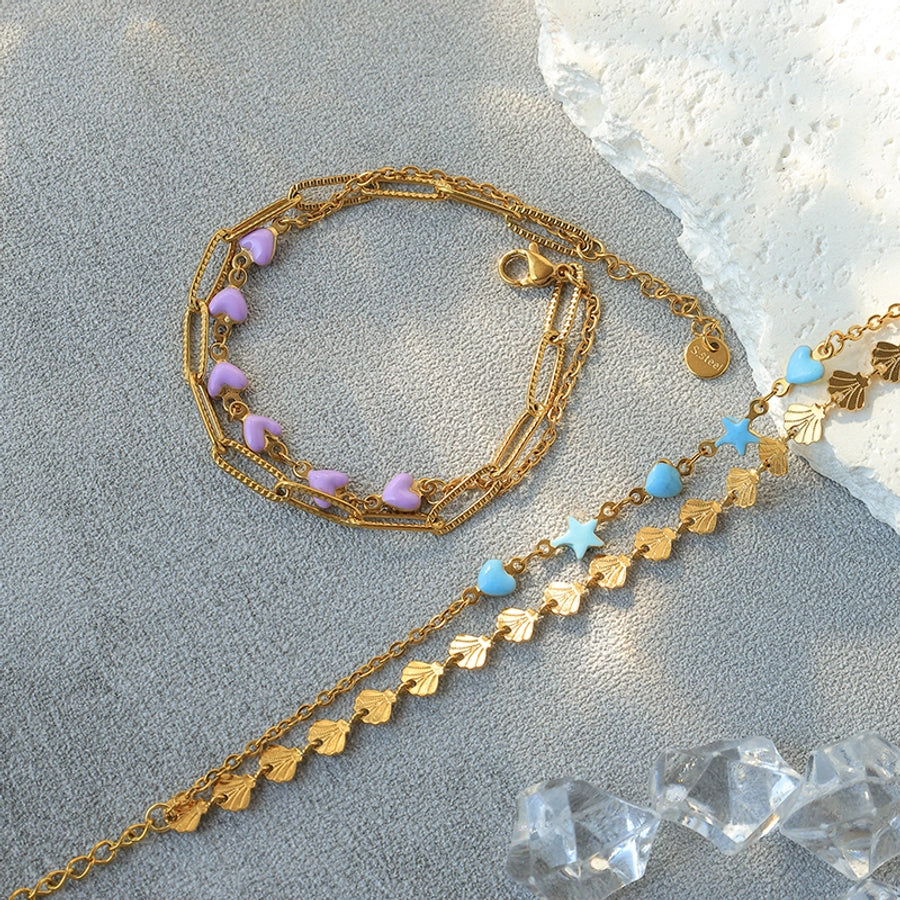 Modern Style Sweet Simple Style Star Heart Shape Shell 304 Stainless Steel 14K Gold Plated Paperclip Chain Bracelets In Bulk Stainless Steel Bracelets