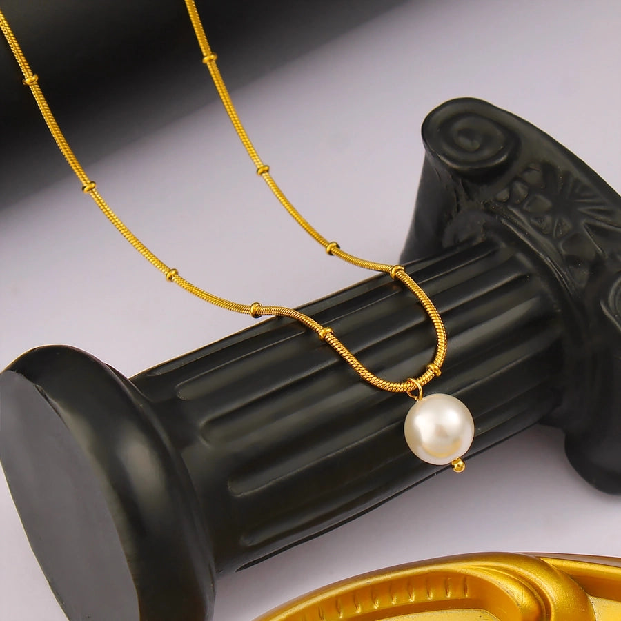 Jewelry IG Style Simple Style Round 304 Stainless Steel Pearl 18K Gold Plated Plating Inlay Pendant Necklace