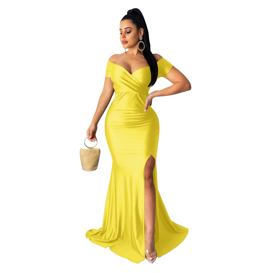 women's party dress elegant v neck short sleeve solid color maxi long dress evening party