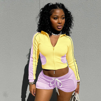 Daily Women's Streetwear Contrast Collar Spandex Polyester Twilled Satin Shorts Sets Shorts Sets