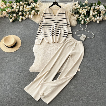 school outdoor daily women's simple style stripe simple spandex polyester knit elastic waist pants sets pants sets