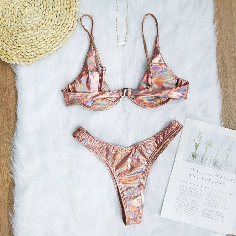 Women's Solid Color Backless 2 Pieces Set Bikinis Swimwear