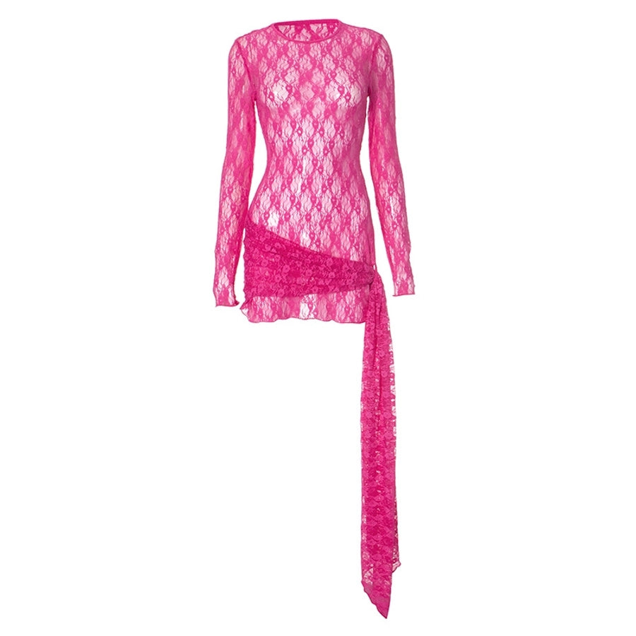 Women's Hip skirt Sexy Round Neck Lace Long Sleeve Solid Color Above Knee Masquerade