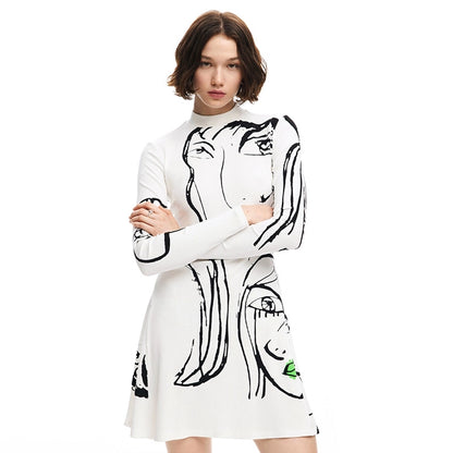 Women's A- Line Skirt Streetwear Round Neck Long Sleeve Portrait Lines Above Knee Daily