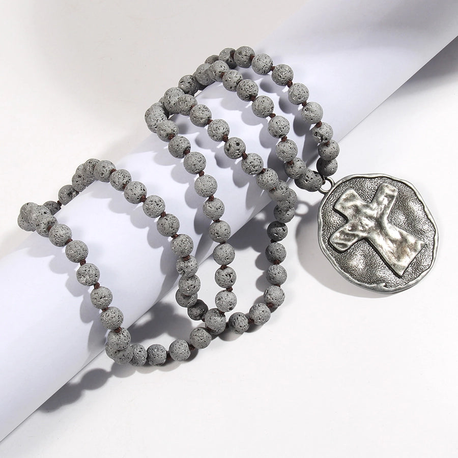 Retro Ethnic Style Geometric Cross Semi-precious stone Alloy Beaded Chain Pendant Necklace Long Necklace In Bulk Natural stone necklace