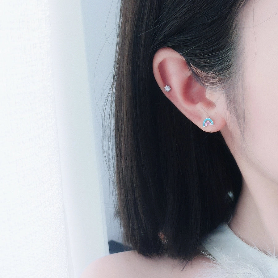 s925 Sterling Silver Rainbow  Moonstone stud earrings elegant niche cute jewelry small asymmetric earrings for women