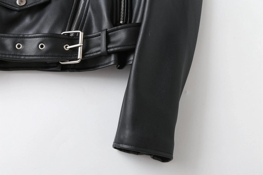 Women's Preppy Style Solid Color Zipper Leather Jacket Casual Jacket