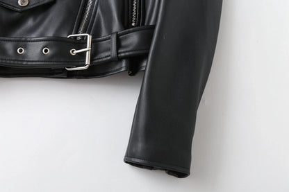 Women's Preppy Style Solid Color Zipper Leather Jacket Casual Jacket