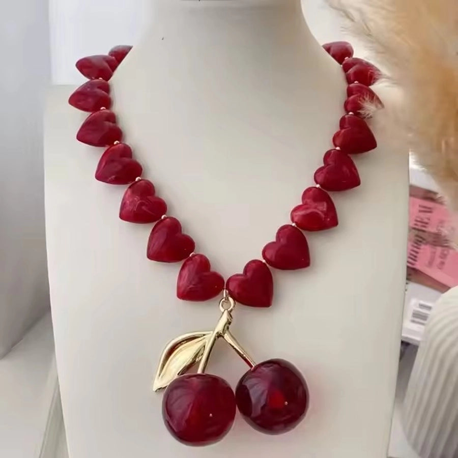 Jewelry Elegant Cherry Heart Shape Resin Copper 18K Gold 18K Gold Plated Plating Pendant Necklace