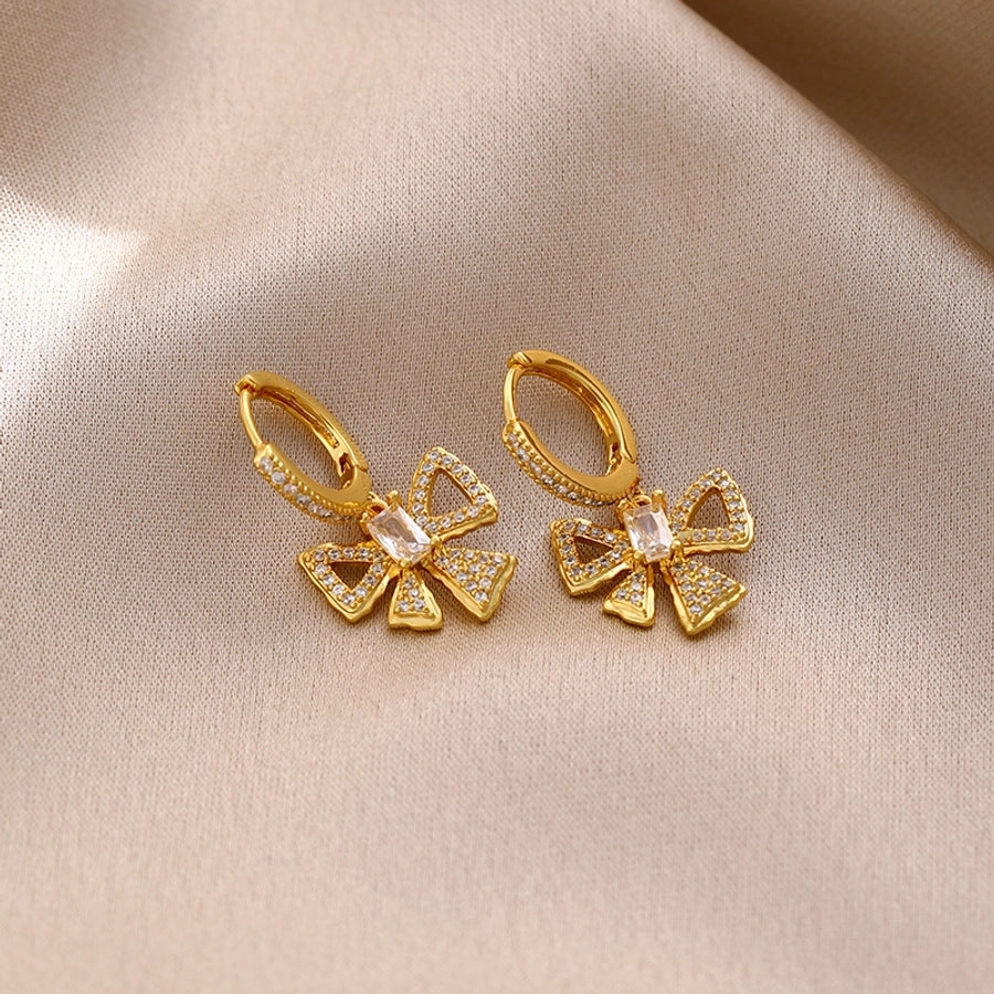 1 Pair Sweet Bow Knot Inlay Copper Zircon Drop Earrings