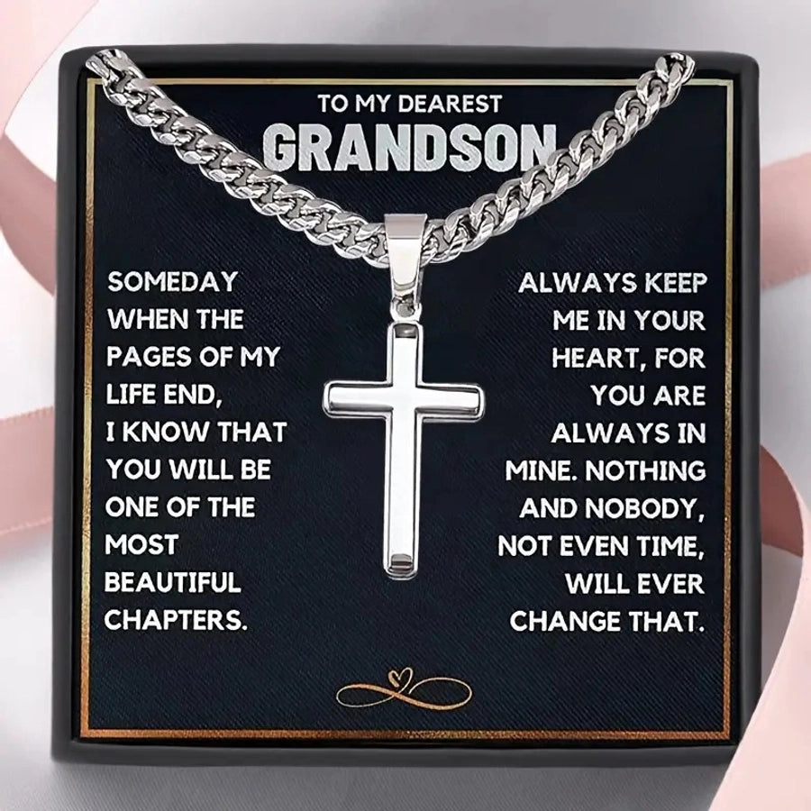 1 Piece to My Grandson Glossy Cross Pendant Cuban Metallic Belt Card Men's Necklace